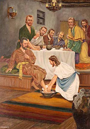 Jesus poured water into a basin, and began to wash the disciples' feet, and to wipe them with a towel.