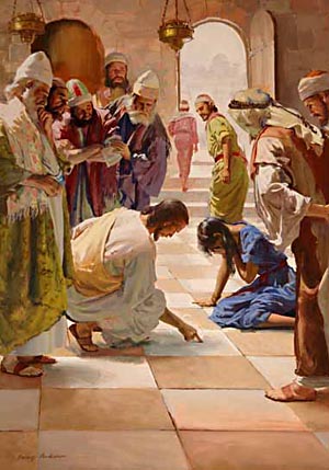 Giving no sign that He had heard their question, Jesus stooped, and fixing His eyes upon the ground, began to write in the dust.