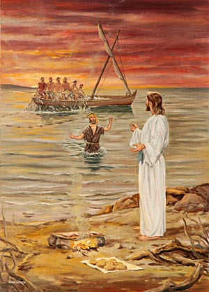 Peter was so elated and so glad that in his eagerness he cast himself into the water and was soon standing by the side of his Master.