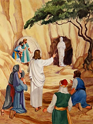 At the sound of Christ's command, Lazarus stood in the door of the tomb.