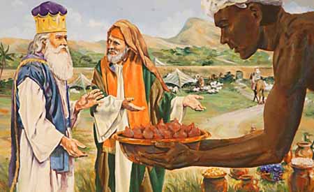 After Abraham returned from a victorious battle, he was welcomed by Melchizedek, king of Salem, who brought forth bread and wine for the refreshment of his army.